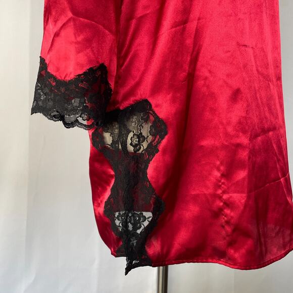 Lingerie Nightgown Size Small Red Satin Black Lace Long Sleeve Sleep Silky Sexy - Picture 5 of 15